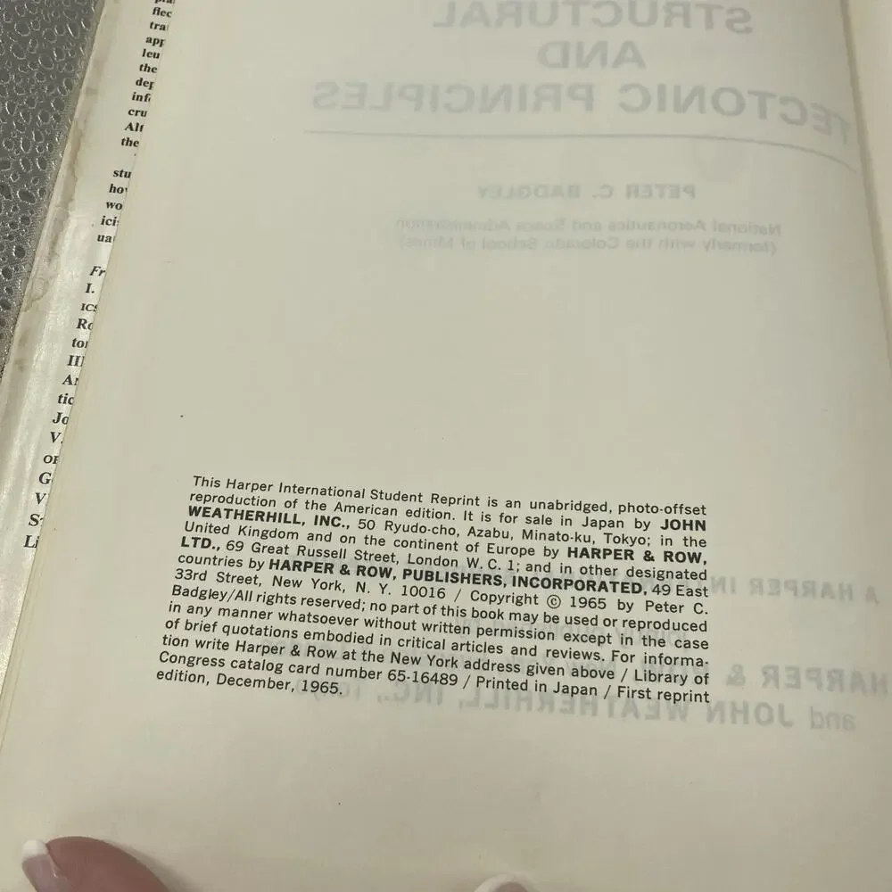 P C Badgley / Structural and Tectonic Principles 1965 Harper's Geoscience 1st ed